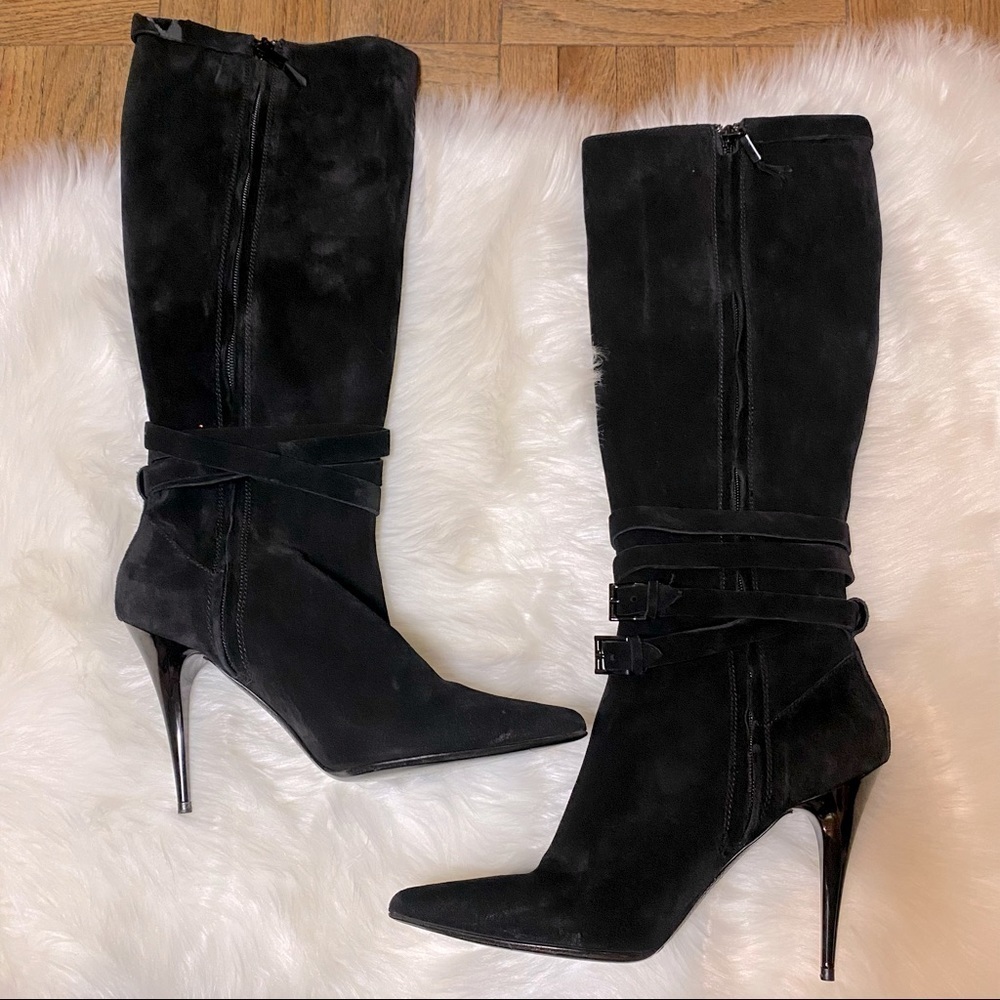 Burberry Knee High Stiletto Boots in Black Suede